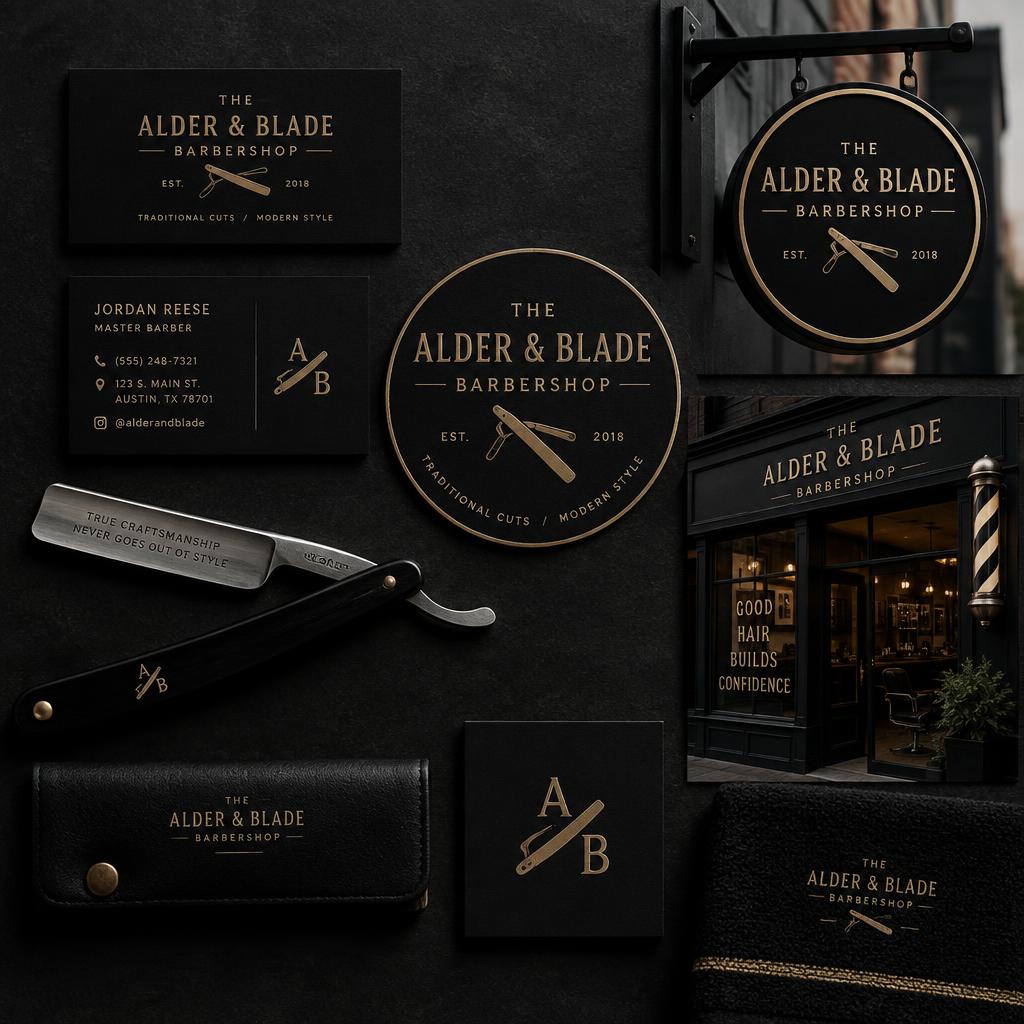 Premium black-and-gold brand identity kit for Classico's barbershop