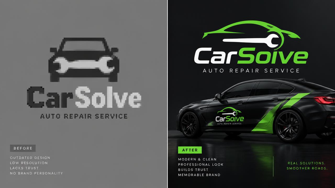 Before-and-after comparison of Norm's CarSolve logo, from dated to modern